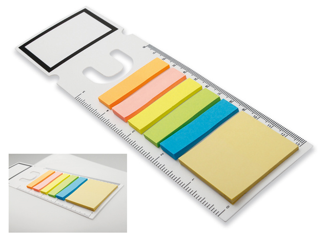 Plastová záložka s funkcí pravítka s barevnými lepicími papírky