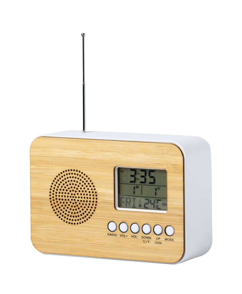 Stolní rádio s hodinami z bambusu