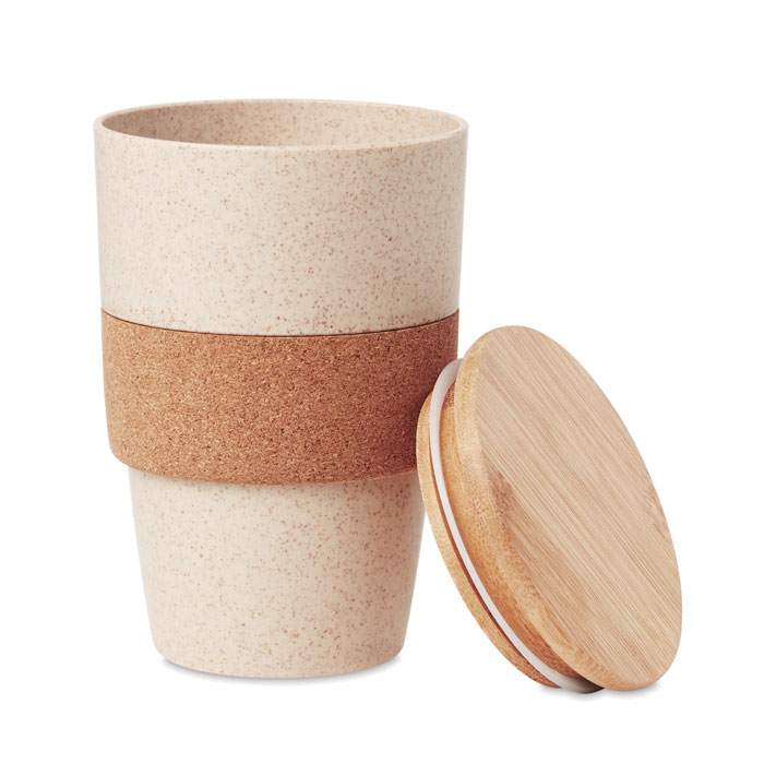 Eko pohárek s víkem z bambusu a korkovou rukojetí