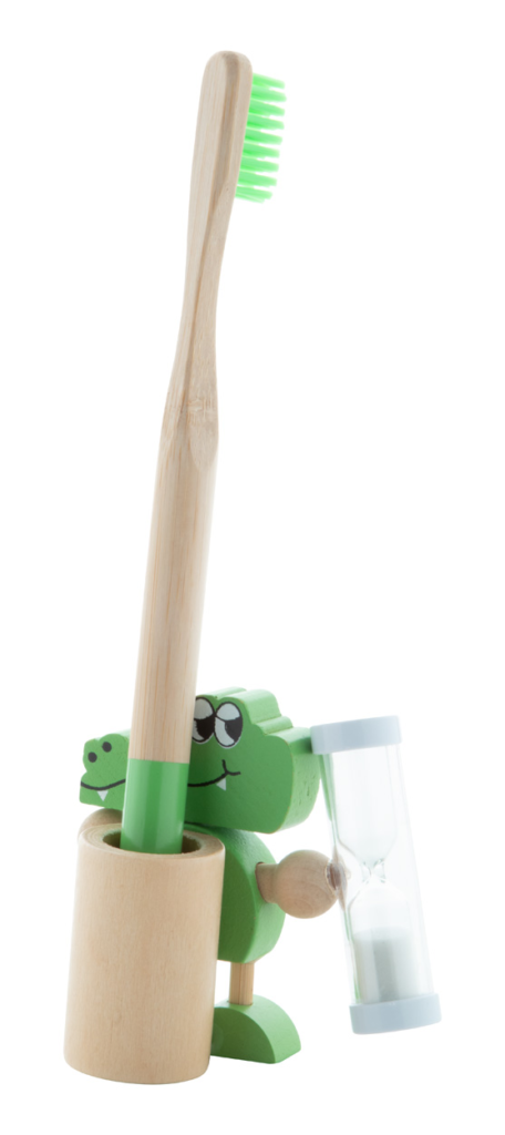 Stojánek na zubní kartáček ve tvaru krokodýla s přesýpacími hodinami