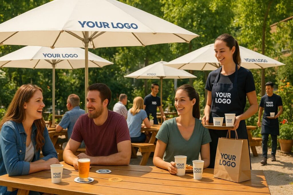 reklamní předměty pro letní zahrádky, slunečníky, papírové kelímky, pracovní oblečení s vlastním logem